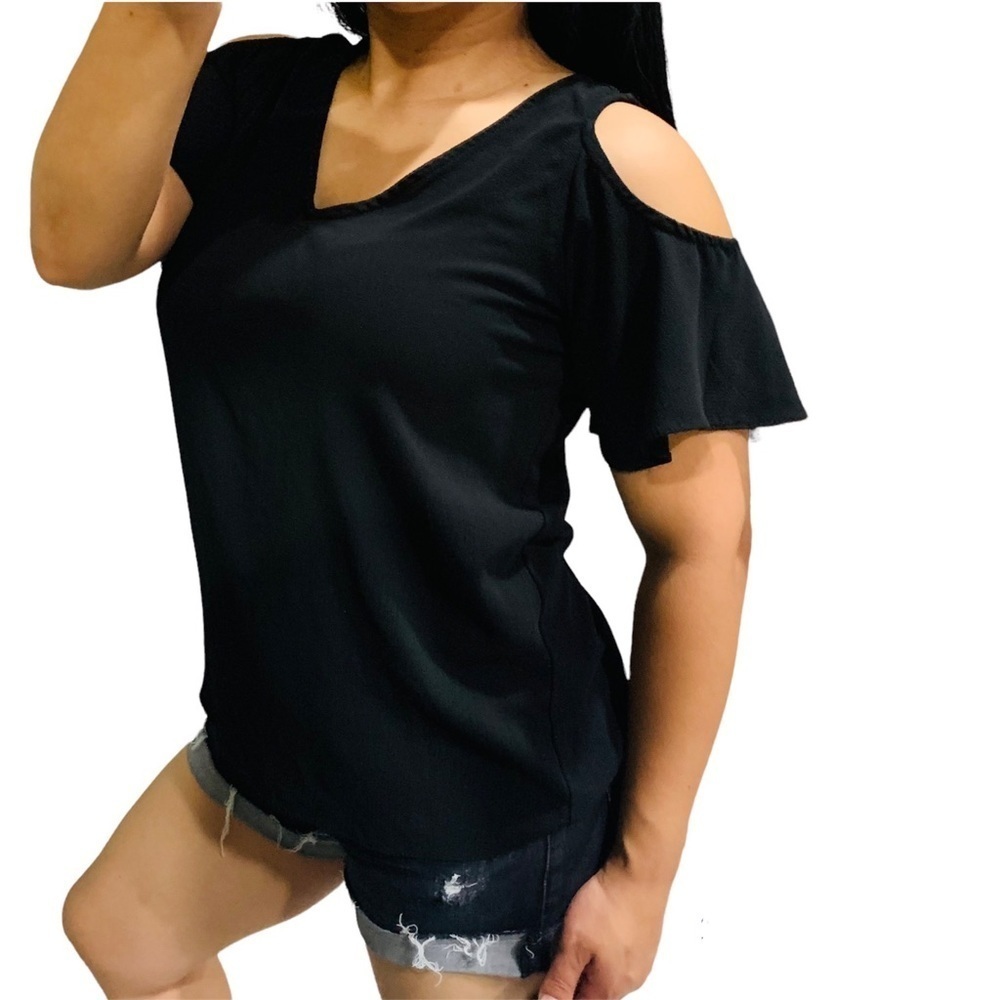 C&E Women Casual Black Open Shoulder Short Sleeve‎ Blouse Size Small